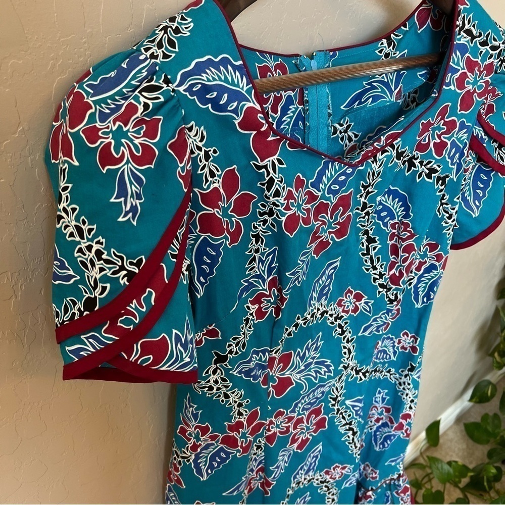 Hilo Hattie Hawaiian midi/maxi dress, turquoise and red, tropical print sz 14 - Picture 4 of 13